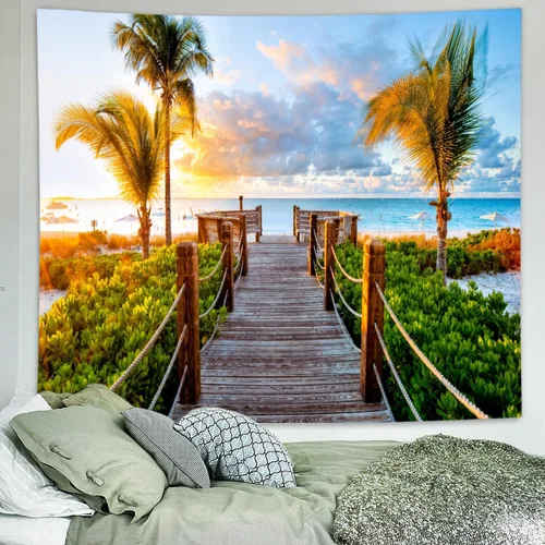 Vista 2 de Delur Tapiz de playa y puesta de sol tropical, palmera, costero, tapiz para colgar en la pared, paisaje natural, cabecero psicodélico escénico