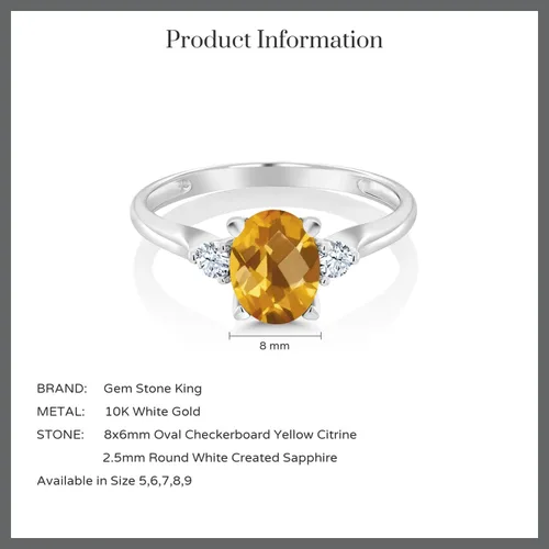 Vista 6 de Anillo de compromiso de oro blanco de 10 quilates con 3 piedras preciosas para mujer, piedra natal y zafiro blanco creado, ovalado de 0.315 x 0.236