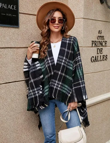 Vista 4 de VIMPUNEC - Pashmina estilo bohemio con patrón a cuadros para mujer, con borla.