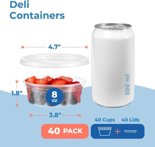 Vista 3 de Fit Meal Prep Paquete de 40 recipientes de 8 onzas con tapas, recipientes de cuarto de galón a prueba de fugas con tapas, contenedor de plástico