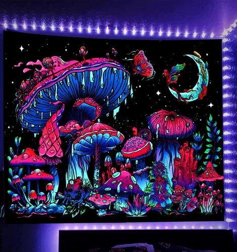 Vista 8 de TUGCAY Tapiz de hongos con luz negra, que brilla en la oscuridad, tapiz de plantas con luz negra, fantasía, hongo, mariposa, luna, reactivo a