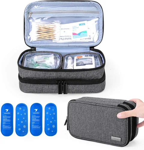 Vista 10 de Yarwo Maletín de viaje con 4 paquetes de hielo, organizador de suministros para diabéticos de doble capa para bolígrafos de insulina, monitores