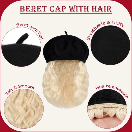Vista 5 de Boinas con extensiones de cabello, gorra clásica elástica de lana francesa sólida adjunta, corto y rizado, peluca sintética para mujer, rubio