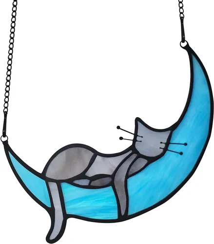 Vista 8 de Adorno acrílico para colgar en la ventana, paneles de cristal para atrapar el sol, gato en la luna, gatito, adorno colgante de bricolaje