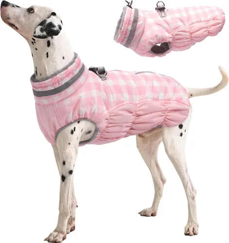 Vista 34 de Abrigo para perro, chaqueta cálida de invierno, acolchada, de vellón, chaleco reflectante con arnés, chaqueta de nieve impermeable con cremallera, a