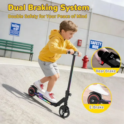 Vista 5 de SIMATE Electric Scooter for Kids 6-14, e Kick Scooter with LED Display and Colorful Lights, Adjustable Height and Foldable, Double Brake, Gifts for
