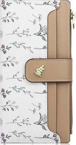 Vista 9 de Farcauo Billetera para mujer, billetera delgada para mujer, linda cartera delgada Kawaii con flores para mujer, tarjetero para mujer, Cartera