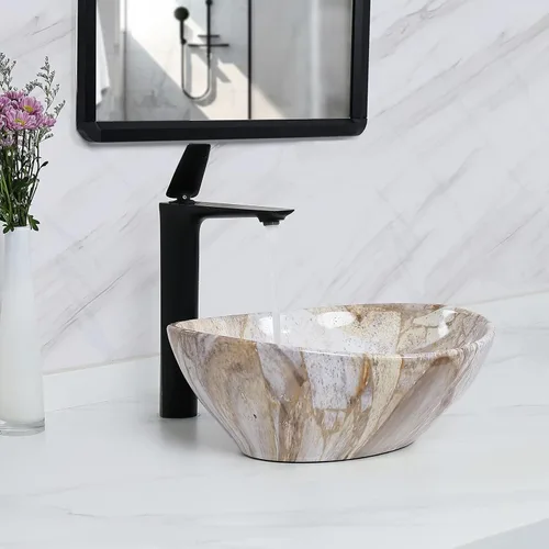 Vista 9 de Davivy Lavabo Ovalado de Veteado Nórdico de 16'' X 13'' con Desagüe Pop Up, Lavabo de Cerámica, Lavabos de Baño Sobre Encimera, Lavabos de Baño