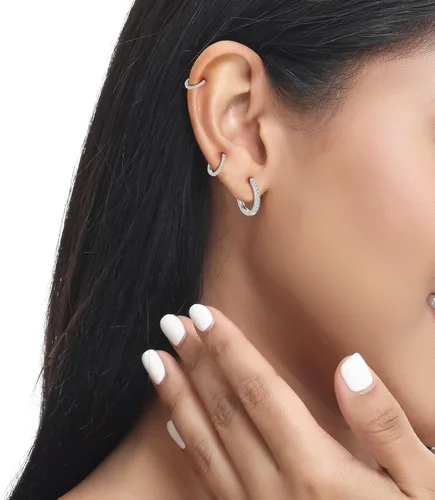 Vista 8 de Juego de 4 pares de aretes de aro pequeños de plata de ley 925 para mujer, con circonita cúbica, aretes de hélix para múltiples piercings