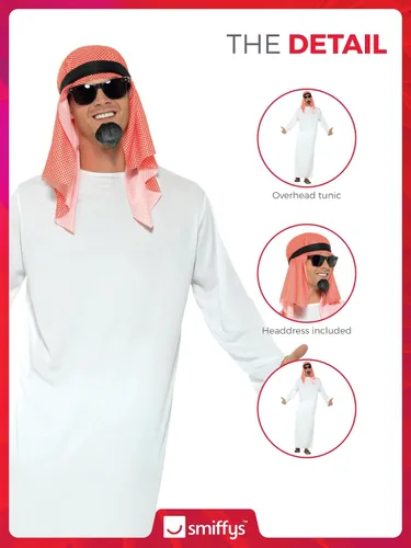 Vista 5 de Smiffy's - Disfraz árabe para hombre con túnica larga y tocado, blanco L - Talla de EE. UU. 42 a 44 pulgadas