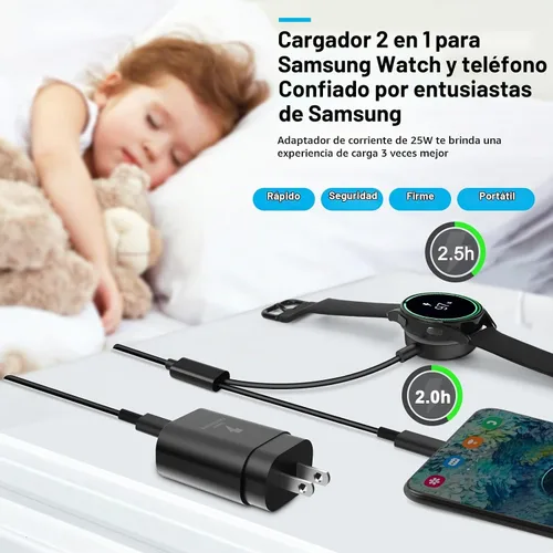 Vista 2 de Paquete de 2 cargadores de reloj Samsung, adaptador de corriente de 25 W, para Galaxy Watch 8/7/6/6 Classic/5 Pro/5/4/4 classic/3/Active2/1