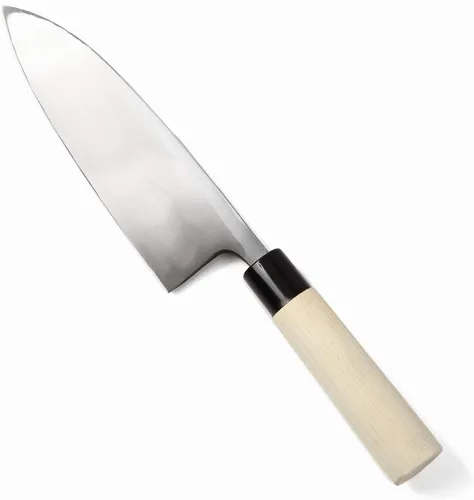 Vista 4 de Filete japonés de sushi mejor cuchillo de chef afilado Kigami (acero amarillo)-No.2 mango de madera de magnolia en forma de D, Deba 7.7 pulgadas