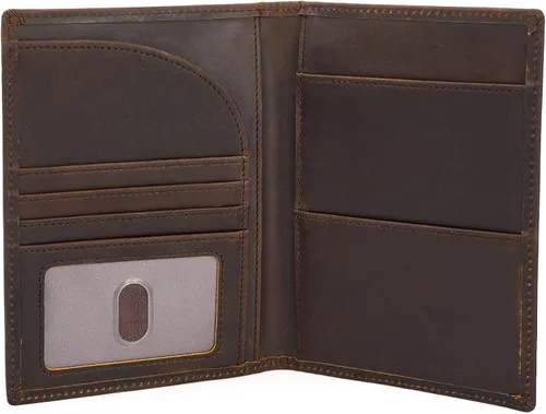 Vista 4 de Polare - Cartera plegable de cuero de grano completo para pasaporte con bloqueo RFID, 2 pasaportes, Marrón oscuro, Slim