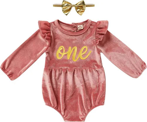 Vista 22 de GRNSHTS Ropa de primer cumpleaños para niña de terciopelo de un año de edad, mameluco de manga larga + diadema, 2 piezas de trajes de pastel