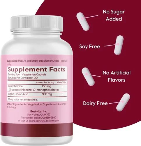 Vista 3 de BESTVITE Benfotiamina 150mg / Ácido alfa lipoico 300 mg (120 cápsulas vegetarianas) – Sin estearatos – Vegano – Sin gluten – Sin OMG