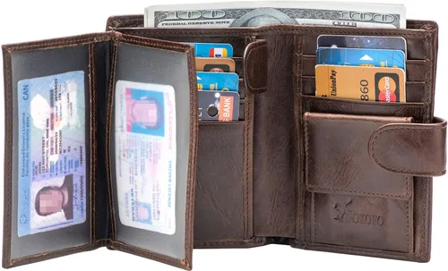 Vista 3 de POKOFO Gran RFID Cuero Genuino Tarjetero Trifold Wallet Snap Cierre 3 ID Windows para los hombres