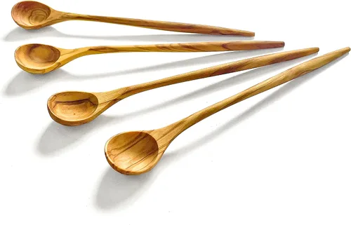 Vista 7 de WONDERFUL Cucharas de mango largo de madera de olivo 100% natural para café, té, batidos, para remover en la cocina, coctelera; cuchara para mezclar