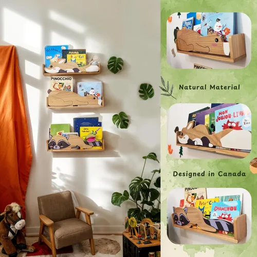 Vista 4 de 3 estantes flotantes, estante de pared para habitaciones de niños, estanterías de guardería de bosque, zorro de oso y mapache de 24 pulgadas