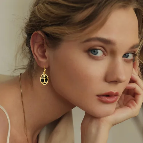 Vista 2 de Aretes colgantes de árbol de la vida de ónix negro, plata de ley 925, oro y árbol de la vida, joyería de regalo para mujeres y mamá, Plata de ley