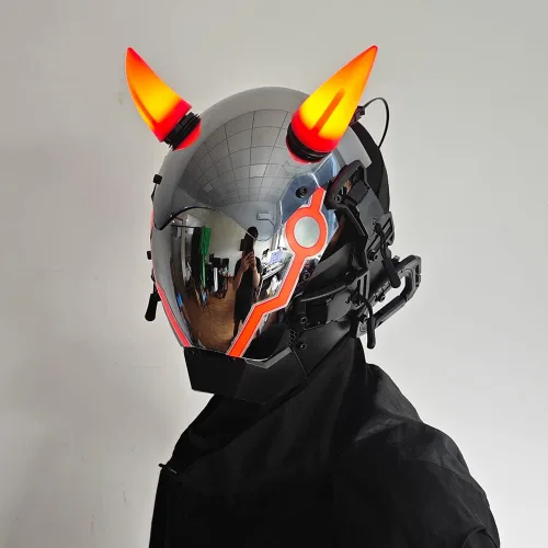 Vista 6 de KYEDAY Máscara punk para hombre, máscara de cuerno de buey LED, tecnología punk futurista, cosplay, Halloween, accesorios para fiestas y festivales