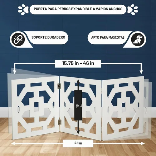Vista 2 de Puerta independiente para perros, valla de madera decorativa expandible para perros pequeños a medianos, barrera para escaleras, puertas y pasillos
