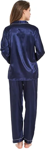 Vista 5 de Conjunto de pijama de seda para mujer, conjunto de pijama de manga larga de dos piezas, conjunto de pijama con botones, ropa de dormir
