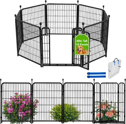 Vista 10 de ADAVIN Valla de jardín de 24 pulgadas de alto con puerta, 4 paneles en total de 9.8 pies de largo, valla de barrera de metal de hierro resistente