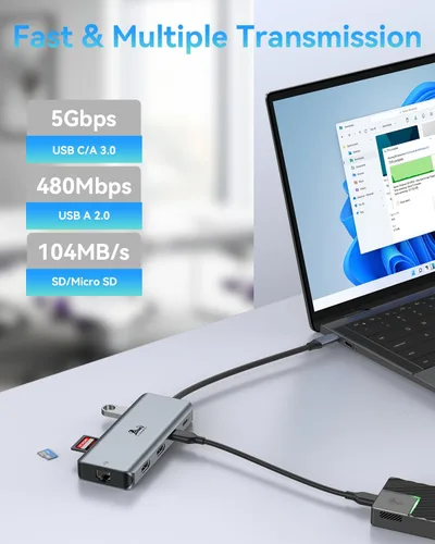Vista 6 de LIONWEI Estación de acoplamiento para laptop 9 en 1, HDMI dual, 100 W PD, USB C 3.0, Ethernet, audio/micrófono, concentrador USB C para portátiles