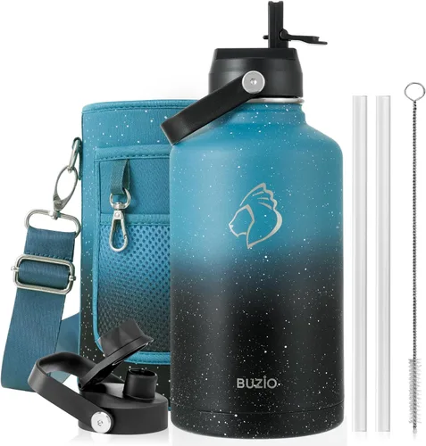 Vista 109 de BUZIO Botella de agua aislada de 24 oz, frasco de agua de boca ancha de acero inoxidable con tapa de pajita, frío durante 48 horas a prueba de Negro