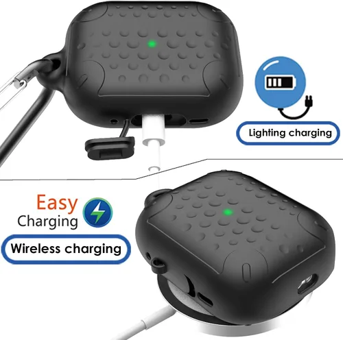 Vista 4 de Funda impermeable para AirPods Pro de 2ª generación, funda protectora de silicona antipérdida, carga inalámbrica y LED visible, con mosquetón
