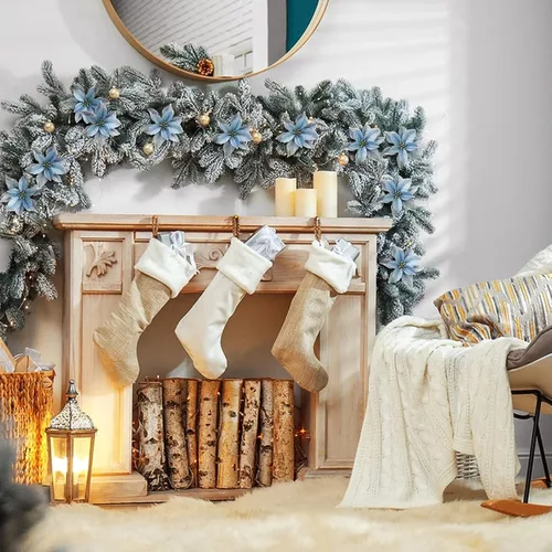 Vista 6 de Flores de purpurina de adorno para el árbol de Navidad, paquete de 12 Azul