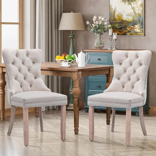 Vista 96 de Juego de 2 sillas de comedor tapizadas de tela de lino, sillas de cocina modernas de mediados de siglo con respaldo alto, ribete de cabeza de clavo
