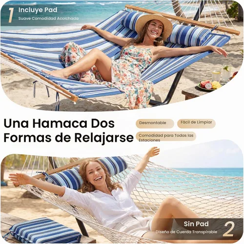 Vista 6 de Everyfun - Hamaca para 2 personas al aire libre con soporte, hamaca de cuerda de algodón con almohadilla de poliéster, estructura de acero