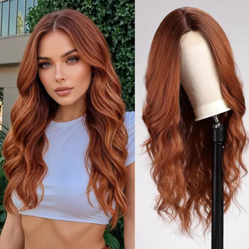 Vista 15 de Pelucas rubias cenizas para mujer, peluca larga recta en capas con flequillo, cabello sintético natural con raíces oscuras