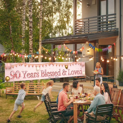 Vista 7 de Labakita Cartel de 90 años bendecidos y amados, pancarta grande de feliz cumpleaños 90, decoraciones de cumpleaños de mamá abuela 90 años, pancarta