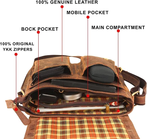 Vista 9 de WILD HOOK Bolso bandolera de cuero auténtico, bolso bandolera para viajes, trabajo, negocios, hombres y mujeres, Marrón Vintage