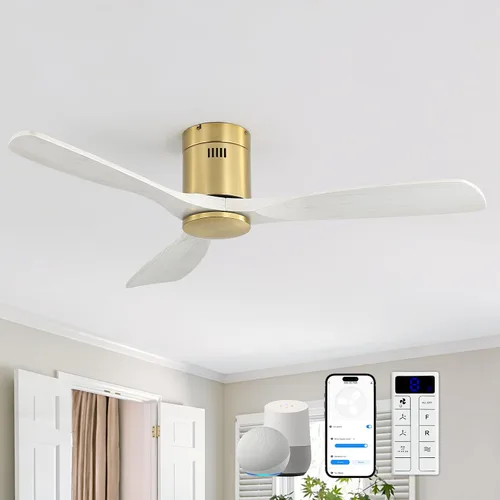Vista 12 de Sofucor Ventiladores de techo inteligentes de 52 pulgadas con luces - montaje al ras de perfil bajo, modernos ventiladores de techo de madera maciza
