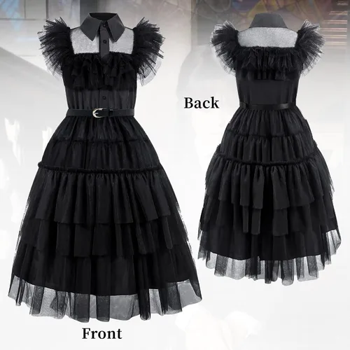 Vista 3 de KLFFLGID Wednesday Addams - Vestido de Halloween para niñas con guantes, cinturón y calcetines, traje de cosplay de la familia Addams