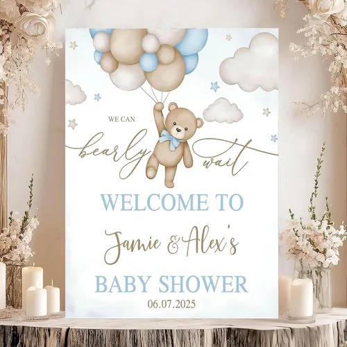 Vista 10 de Letrero de bienvenida con texto en inglés «We Can Bearly Wait Baby Show» para niño, tema de globo de oso de peluche azul Style#1