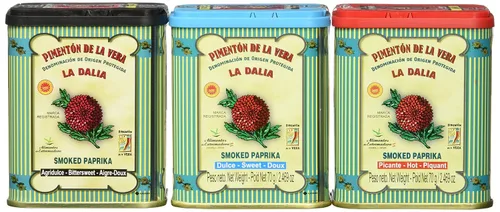 Vista 2 de La Dalia Juego de 3 pimentones ahumados para regalo, pimentón en polvo picante, dulce y agridulce, auténtico pimentón español de la vera