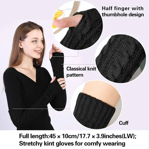 Vista 5 de Bellady Guantes de invierno para mujer, cálidos sobre el codo, guantes largos sin dedos con agujero para el pulgar, guantes de punto para calentar
