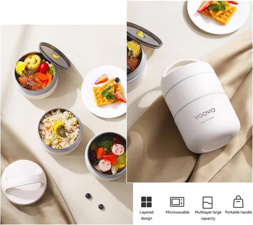 Vista 5 de Voova Lonchera térmica apilable de acero inoxidable con bolsa de almuerzo y juego de cultería para adultos, mujeres y hombres, 3 niveles a prueba