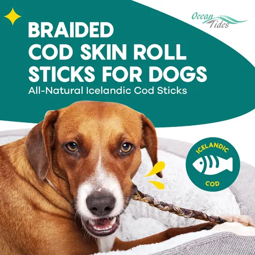 Vista 2 de Ocean Tides Pieles trenzadas de bacalao islandés de 8 onzas para perros y gatos – Un solo ingrediente, piel de pescado capturada en la naturaleza
