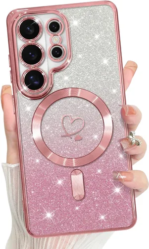 Vista 456 de Bonoma - Funda compatible con Samsung Galaxy S21 Plus, diseño de corazón con purpurina, color rosa Support for MagSafe, Plating Magnetic Case TPU