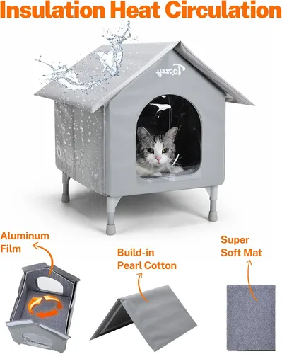 Vista 8 de Toozey Casa para Gatos de Exterior, Refugio Impermeable para Gatos Extra con Almohadilla Calefactora para Gatos Callejeros/de Granero, Casa Elevada