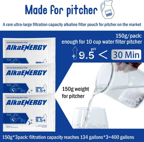 Vista 4 de Bolsas de filtro de agua alcalina, paquete de 3 (5.29 oz cada uno) – Aumenta el pH del agua hasta 9.5, añade minerales esenciales, mejora el sabor