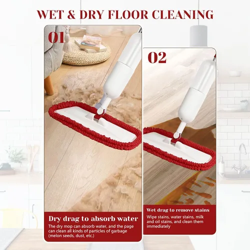 Vista 7 de Mopa pulverizadora para limpieza de pisos, mopa de microfibra húmeda y seca con 4 almohadillas lavables, botella recargable de 22.1 onzas líquidas
