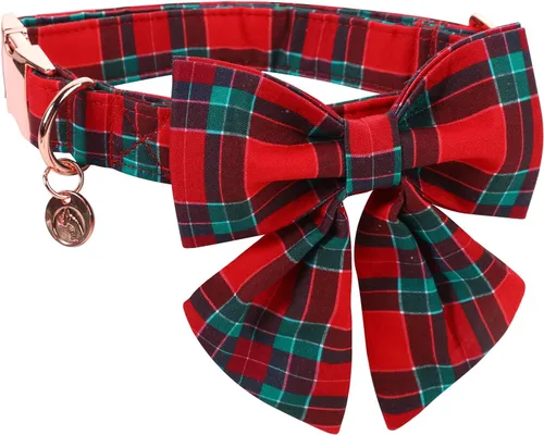 Vista 12 de Collar de Navidad para perro con pajarita, collar de perro de copo de nieve con tira roja y verde, suave, duradero, ajustable, de algodón