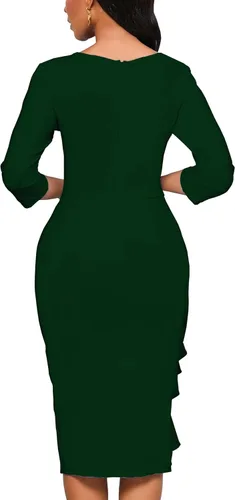 Vista 6 de Yajedo - Vestidos de iglesia para mujer, diseño clásico de manga 34, entallado, con volantes, vestido tubo de largo por debajo de la rodilla