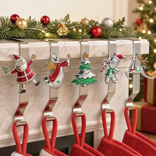 Vista 23 de Juego de 4 soportes de calcetines de Navidad para manto, ganchos reutilizables para calcetines de Navidad, colgador de Navidad sin daños para Bronce